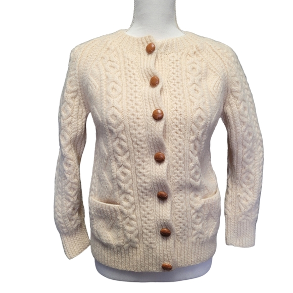 Vintage cream off-white cozy handmade wool cableknit cardigan buttondown sweater - Picture 1 of 9